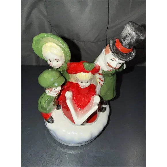 Christmas Carolers Music Box Vintage Ceramic Silent Night Rotates Works 8”Lx5”W - Picture 2 of 16